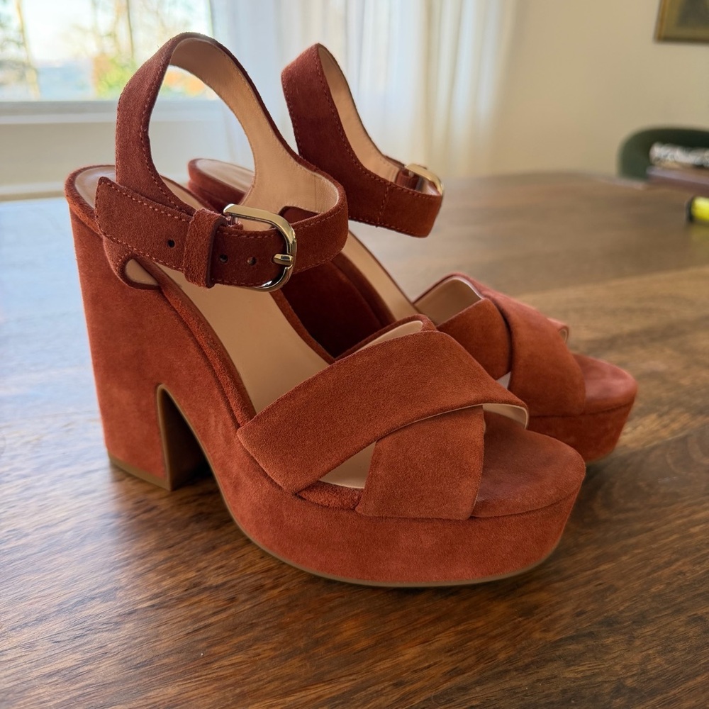 Kate Spade Suede Platform Block Heel Sandals • 6.5 • Rust Cognac • Ankle Strap - Picture 5 of 8
